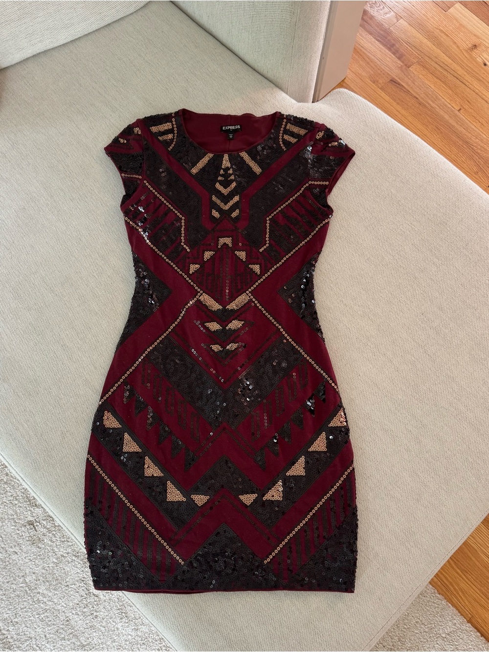 Express Burgundy & Black Sequin Geometric Mini Dress